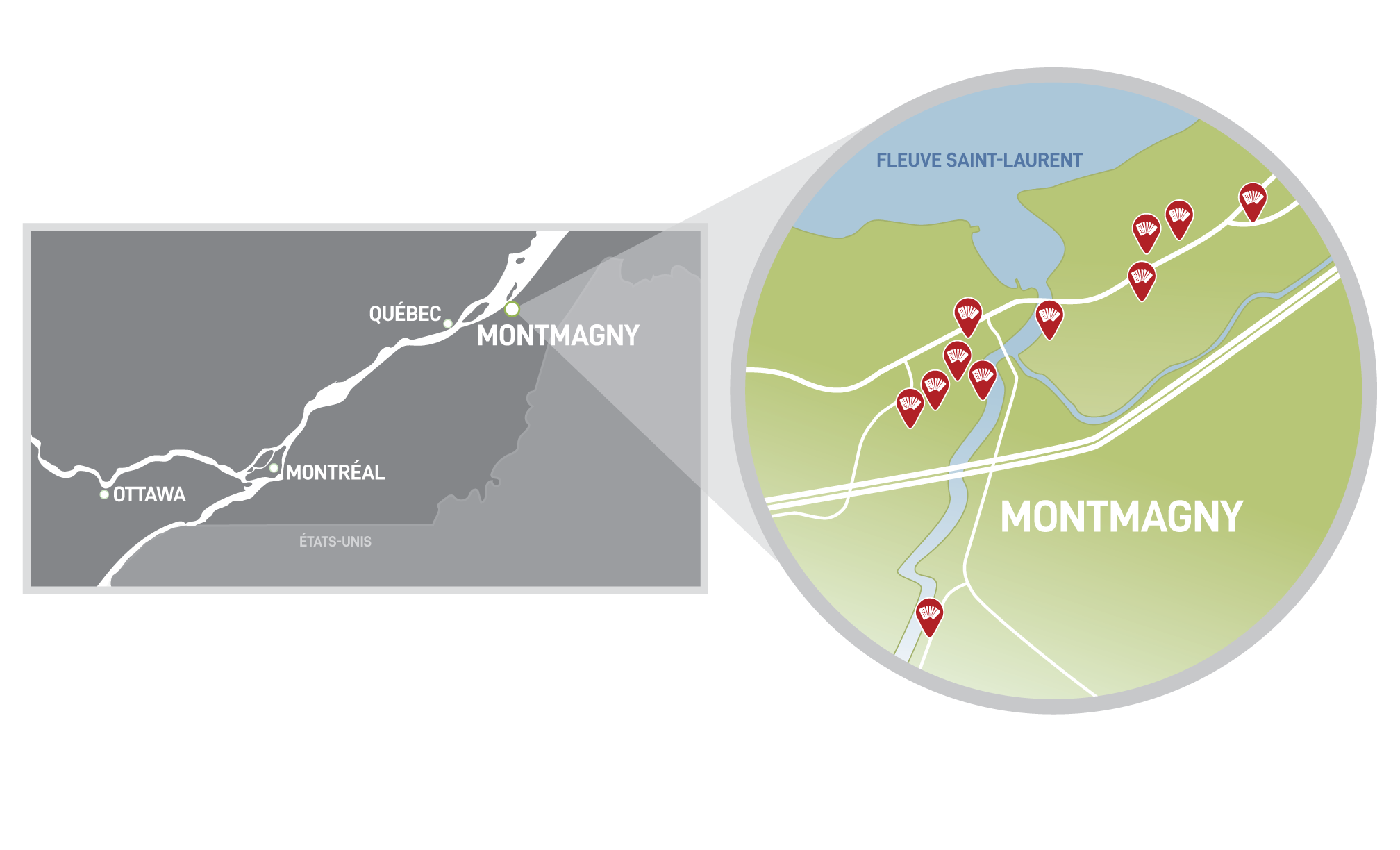 Carte en noir et blanc d'une partie du Québec situant les principales villes. Un agrandissement en couleur dans un cercle montre Montmagny.