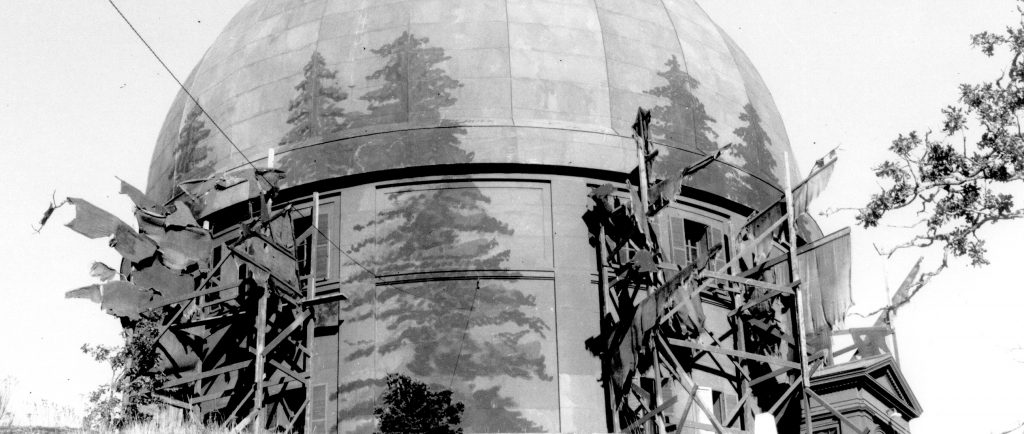 Photographie en noir et blanc de la coupole d’un télescope peint pour ressembler à une forêt.