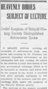 Article de journal :  Heavenly Bodies Subject of Lecture. Under the auspices of Natural History Society Distinguished Astronomer Spoke  (Cours magistral sur les corps célestes. Un astronome distingué parle sous les auspices de la Société d’histoire naturelle) 