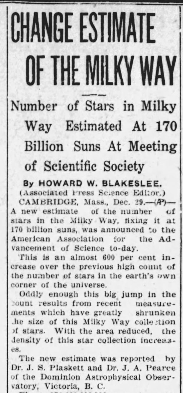 Article de journal : Change estimate of the Milky Way. (Nouvelle estimation de la Voie lactée) Le nombre d’étoiles dans la Voie lactée est estimé à 170 milliards de soleils lors d’une réunion de la société scientifique.