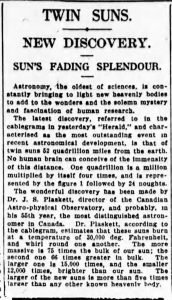 Article de journal : TWIN SUNS. NEW DISCOVERY. SUN’S FADING SPLENDOUR  (Étoiles jumelles. Nouvelle découverte. La splendeur évanescente du soleil)