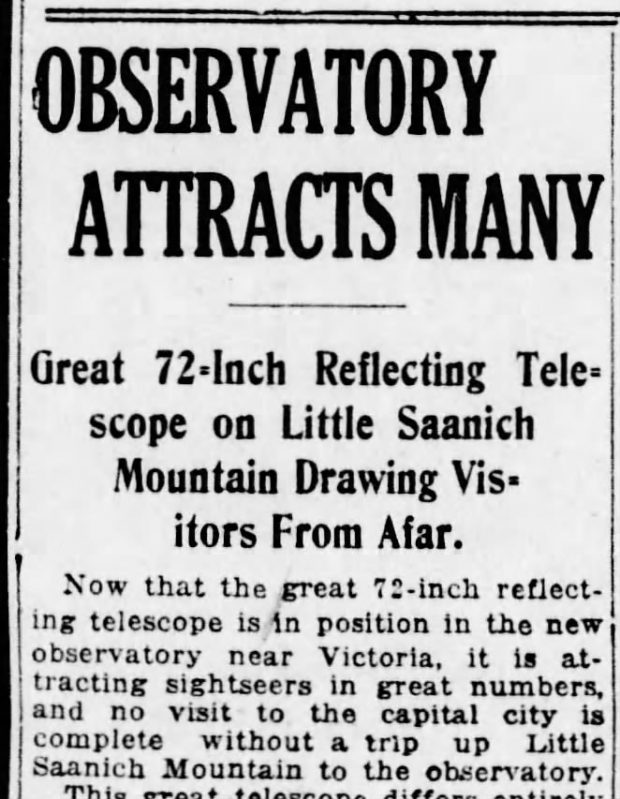 Coupure de presse : OBSERVATORY ATTRACTS MANY  (L’Observatoire attire les foules). Une grande lunette astronomique réfléchissante de 72 pouces sur la montagne Little Saanich attire les visiteurs de loin.