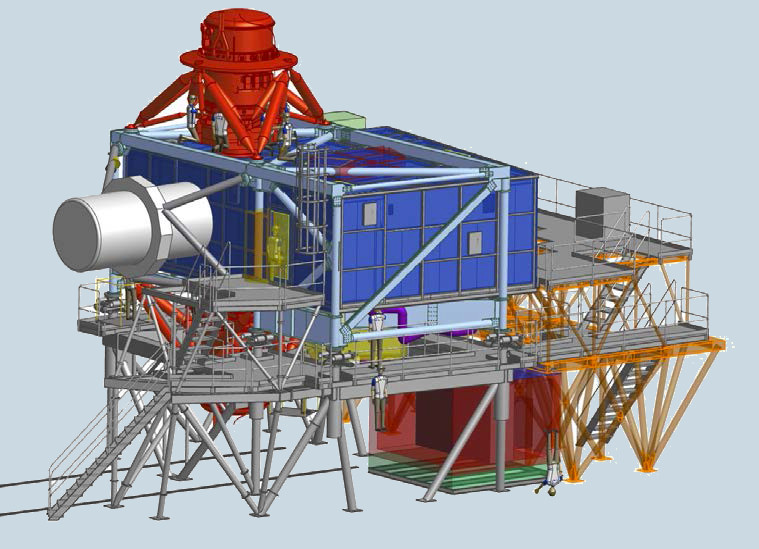 Un modèle informatique d’un très grand instrument scientifique qui sera construit pour le télescope de 30 mètres.