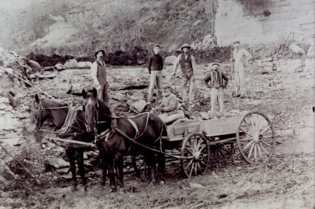  Un homme est assis sur une charrette tirée par deux chevaux tandis que 5 hommes se tiennent à l'arrière-plan.