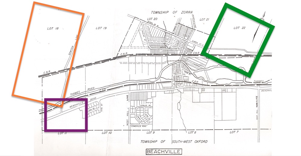 Une carte du village de Beachville marquée de rectangles orange, violet et vert sur les sites des premières opérations de carrière