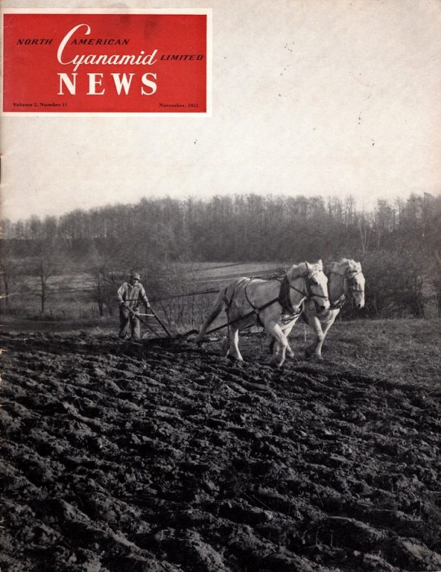 Une couverture de magazine pour Cyanamid News mettant en vedette un homme et un attelage de deux chevaux labourant un champ