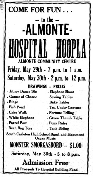 Black and white copy of Almonte Gazette Ad for Almonte Hospital Hoopla