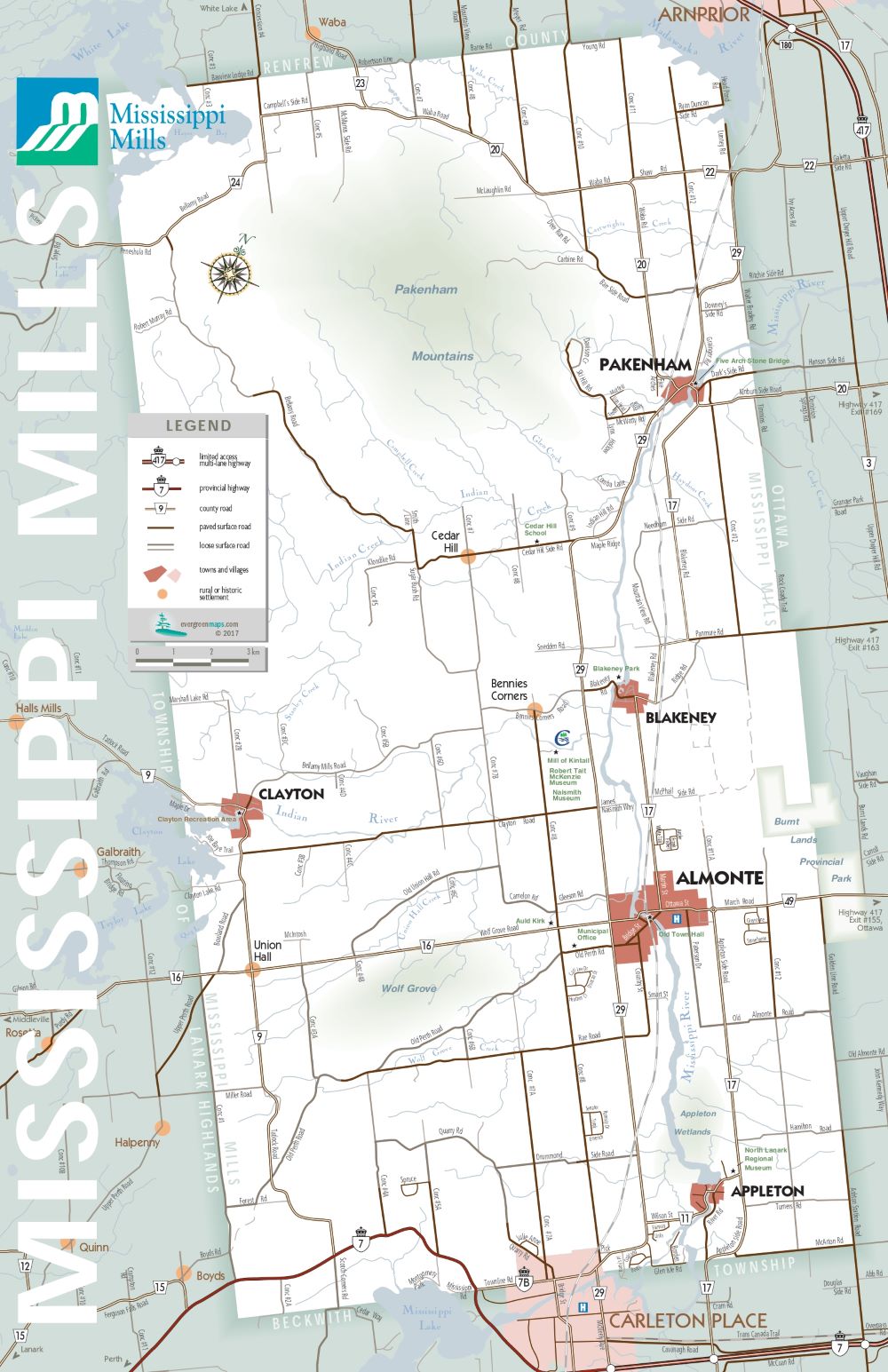 Une carte de la ville de Mississippi Mills avec les communautés de Pakenham, Blakeney, Almonte, Clayton et Appleton.