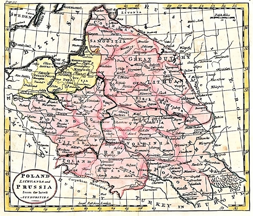 Carte ancienne montrant le Grand-Duché de Lituanie entouré de la Pologne et de la Prusse. Dans le coin inférieur gauche se trouve le titre : POLAND LITHUANIA and PRUSSIA from the latest AUTHORITIES (POLOGNE, LITUANIE ET PRUSSE selon les dernières AUTORITÉS).