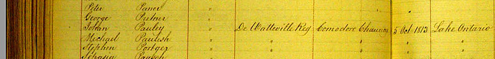 Un extrait de la liste des prisonniers de guerre capturés par les États-Unis durant la guerre de 1812. Cette entrée est celle de Michael Paulus, capturé près de Duck Island par la flotte du contre-amiral Chauncey. L’entrée manuscrite est soigneuse. Elle inclut le nom du prisonnier ainsi que la date et la méthode de capture employée. 