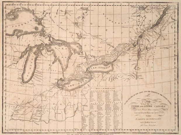 Carte ancienne du Canada couleur sépia qui montre des cantons, des villages autochtones et l’état des terres (boisées ou non arpentées.)