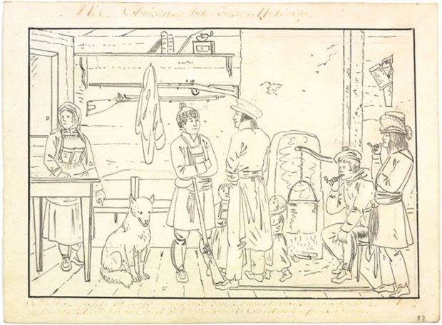 Dessin sommaire en noir et blanc représentant plusieurs personnes autour du foyer d’une cabane de bois. On y voit un colon qui discute avec un ancien soldat sous le regard d’une femme, d’autres personnes et d’un chien. En haut et en bas du dessin, des inscriptions délavées et indéchiffrables à l’encre rouge identifient peut-être les personnages.