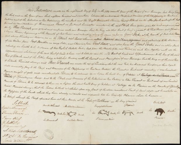 Document manuscrit portant des signatures, y compris les pictogrammes de signatures autochtones.