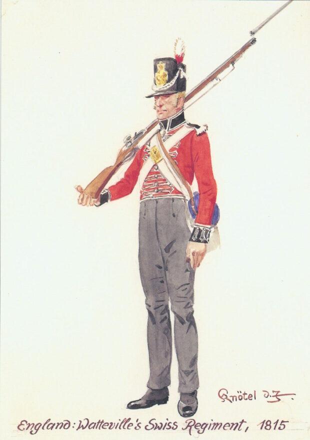 Lithographie en couleur d’un soldat en uniforme du régiment de Watteville en 1815. Il porte un chapeau noir shako orné d’un plumet rouge et blanc, une veste rouge, un pantalon gris et un mousquet sur l’épaule.