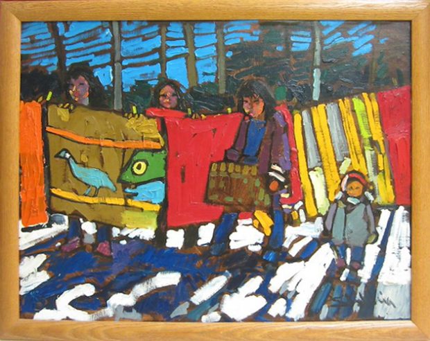 Peinture à l’huile aux couleurs vibrantes d’Arthur Shilling dépeignant quatre membres d’une famille autochtone rassemblés autour de couvertures colorées accrochées à sécher en hiver.