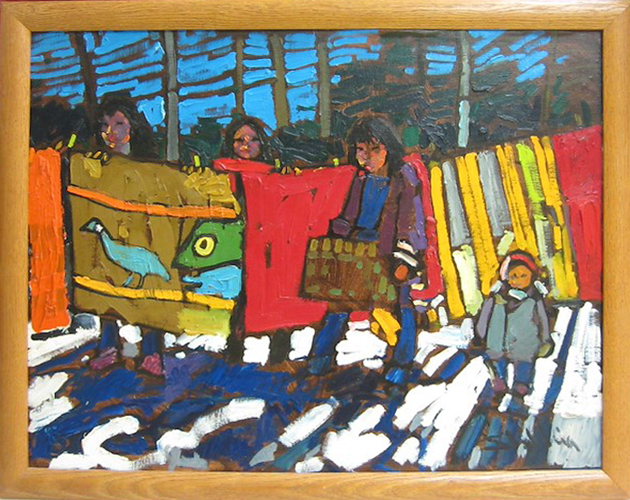 Peinture à l’huile aux couleurs vibrantes d’Arthur Shilling dépeignant quatre membres d’une famille autochtone rassemblés autour de couvertures colorées accrochées à sécher en hiver.