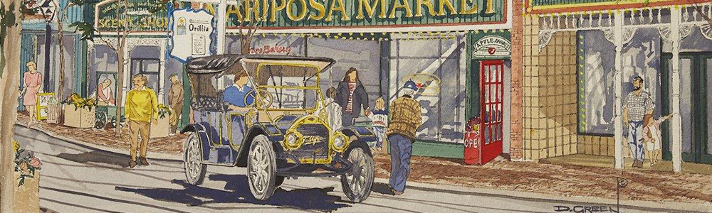 Aquarelle pittoresque représentant des passants et une voiture ancienne jaune devant le marché Mariposa, dans le centre-ville d’Orillia. L’œuvre porte la signature « D. Green » dans le coin inférieur gauche.