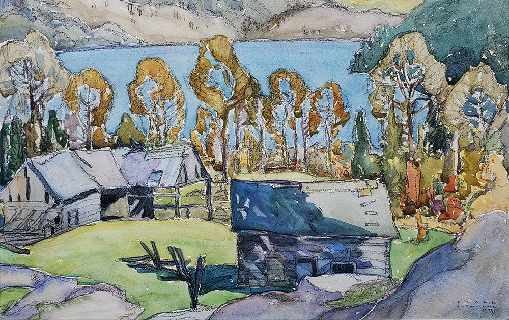 Aquarelle de Franklin Carmichael dépeignant une scène automnale dans le nord de l’Ontario. Une cabane en rondins et une grange sont entourées d’arbres, avec un lac et des montagnes à l’arrière-plan.