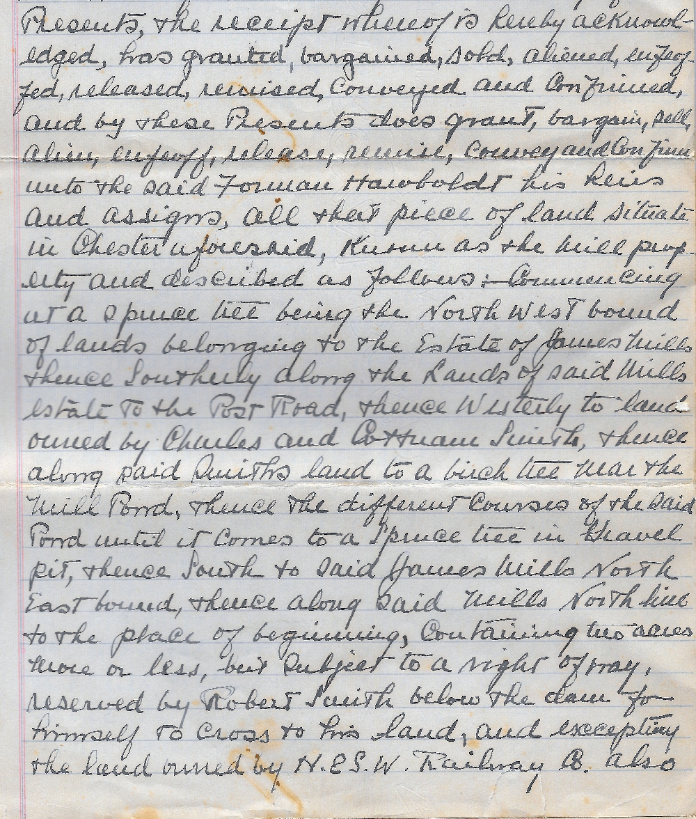 Une copie de la première page manuscrite de l’acte notarié transférant le terrain   pour la fonderie et le terrain de la maison à Forman Hawboldt ses héritiers et ayants droit. Il décrit en détail les terrains de la maison et de la fonderie.