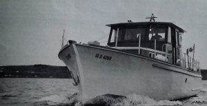 Photographie noir et blanc d’un petit yacht vu de l’avant, qui navigue sur le fleuve. Un homme portant un chapeau est aux commandes dans la cabine. Un drapeau du Canada flotte à l’arrière. « La Bernache, 1968. Ministère de la chasse et de la pêche »