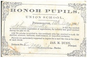 Le certificat de distinction de John Dundas (J. D.) Flavelle de l’école Union School, Peterborough.