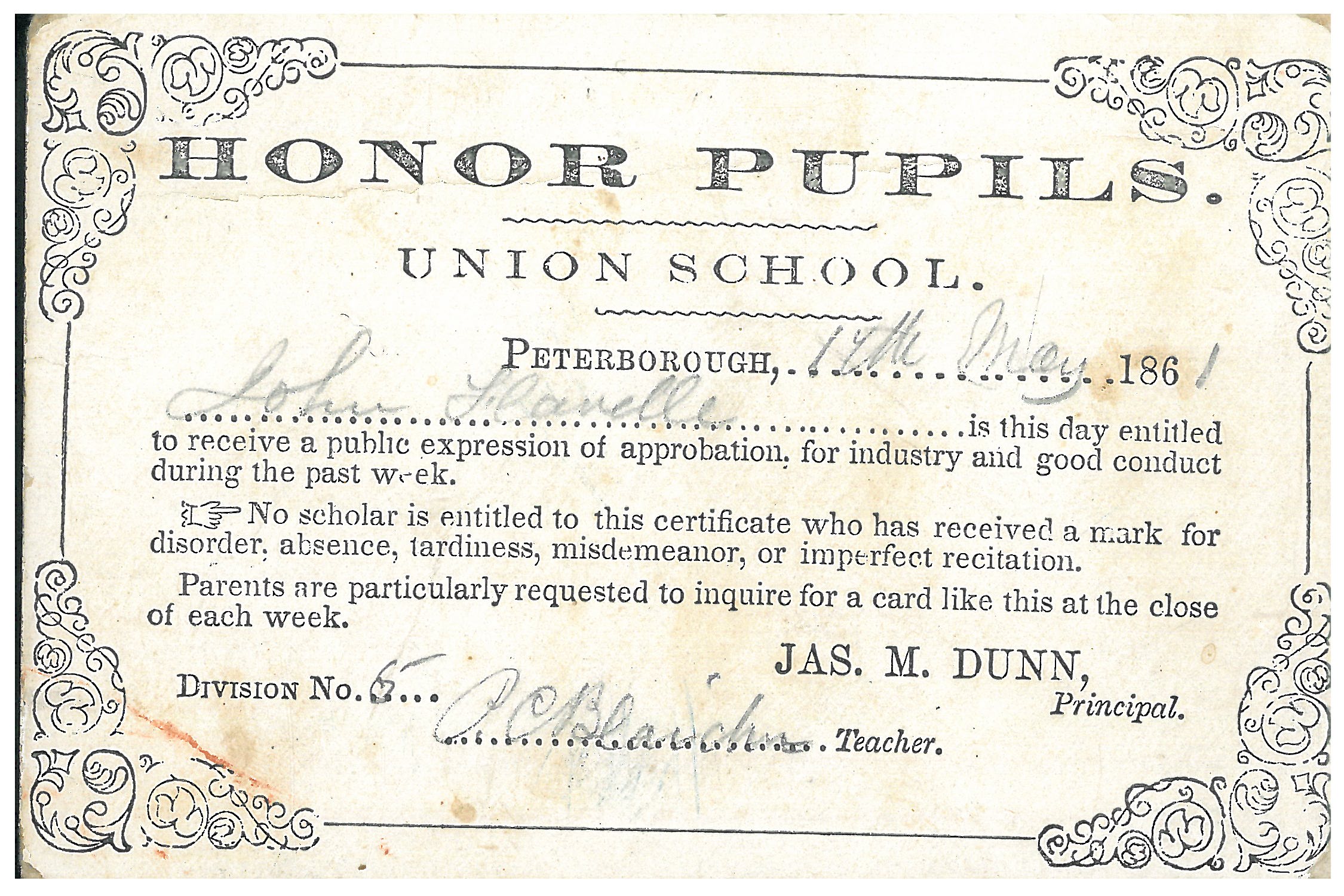 Le certificat de distinction de John Dundas (J. D.) Flavelle de l’école Union School, Peterborough.