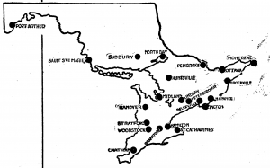 Carte de l’Ontario: les points noirs représentent des villes situées dans les régions de l’est, du sud-ouest et du nord où les magasins Canadian  Department Store ont ouvert leurs portes.