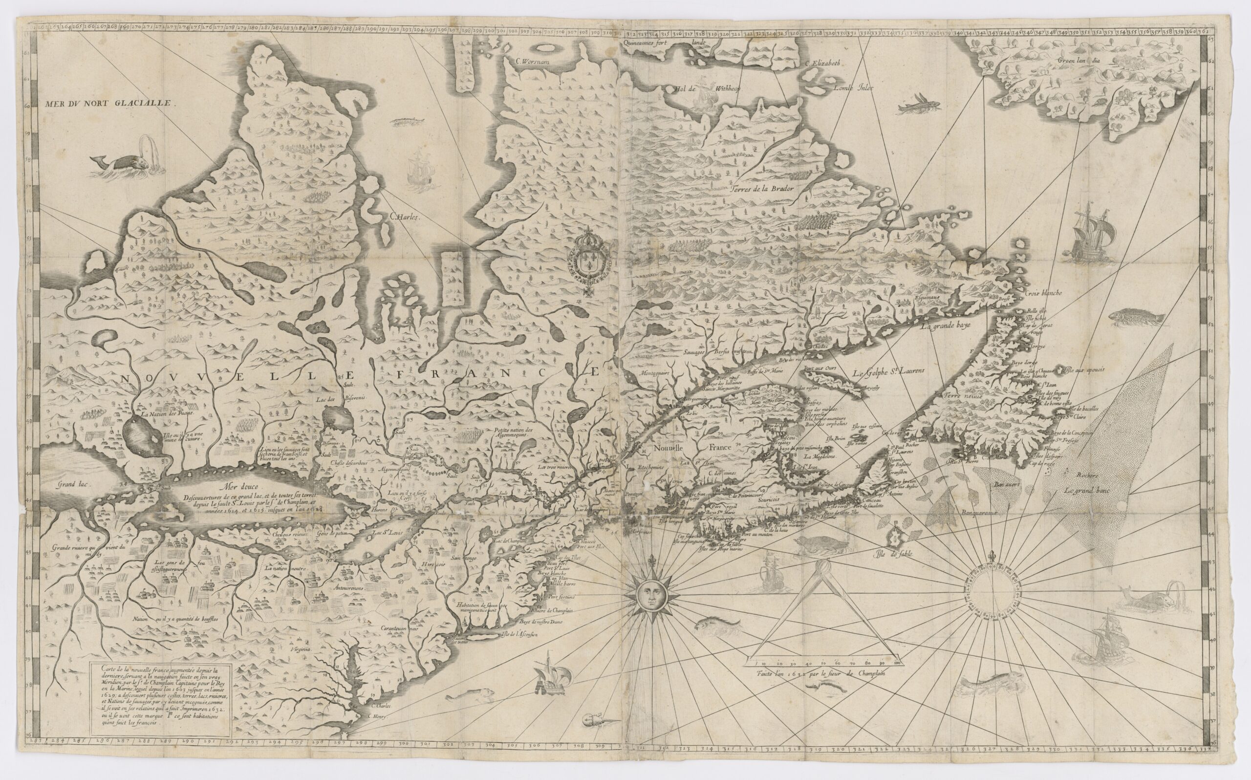 Carte ancienne représentant la Nouvelle-France en 1632. 