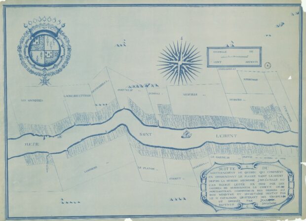 Carte représentant les seigneuries concédées sur les rives nord et sud en 1709, des Grondines jusqu'à la rivière du Cap Rouge.