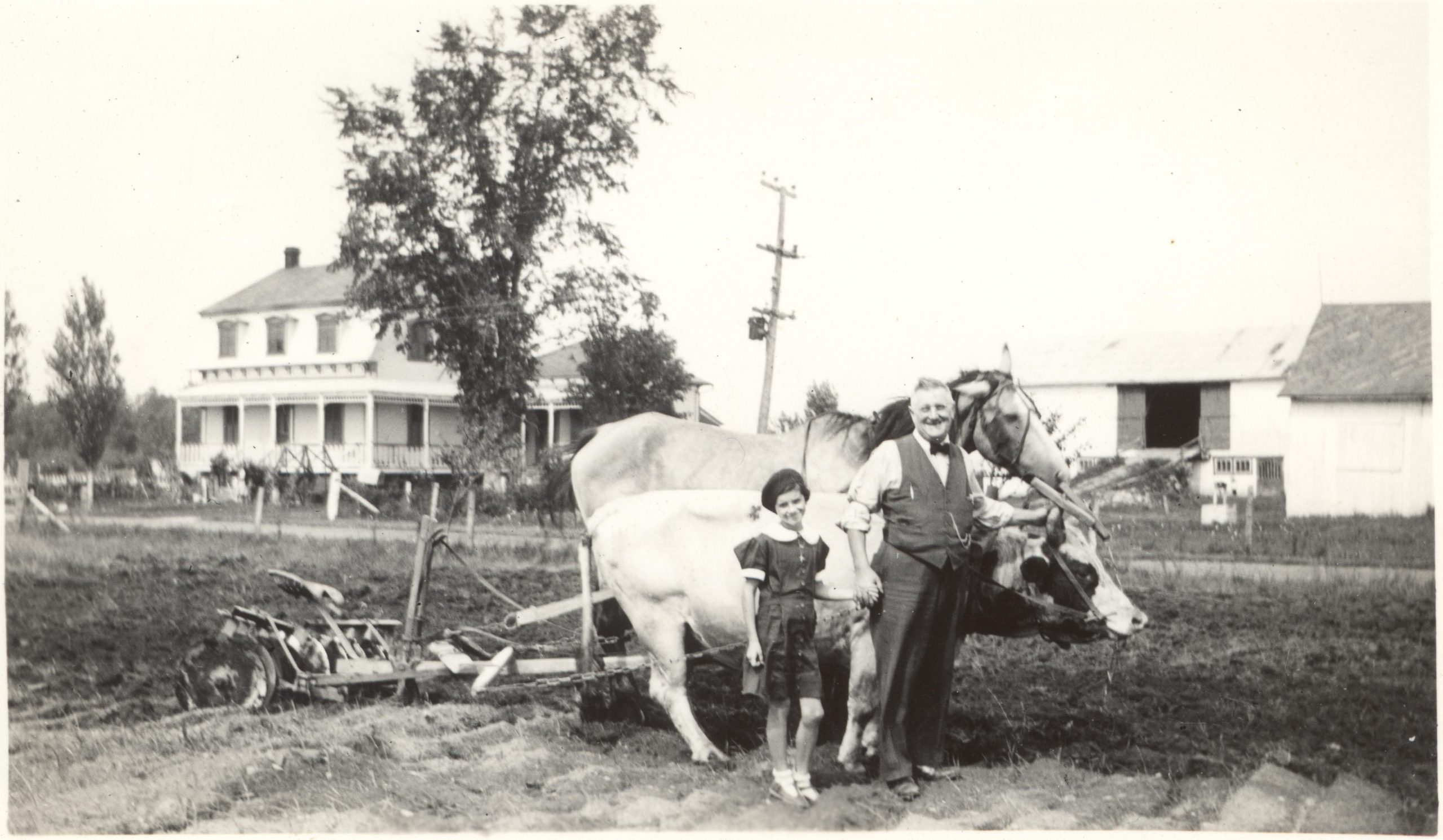 Photo en noir et blanc d'un homme et d'une enfant à côté d'un boeuf et d'un cheval attelés. Derrière, une maison deux étages et des bâtiments de ferme. 