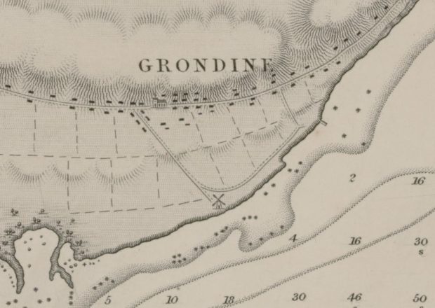 Carte sur laquelle il est inscrit « Grondines » montrant l'emplacement du moulin et du premier quai. 