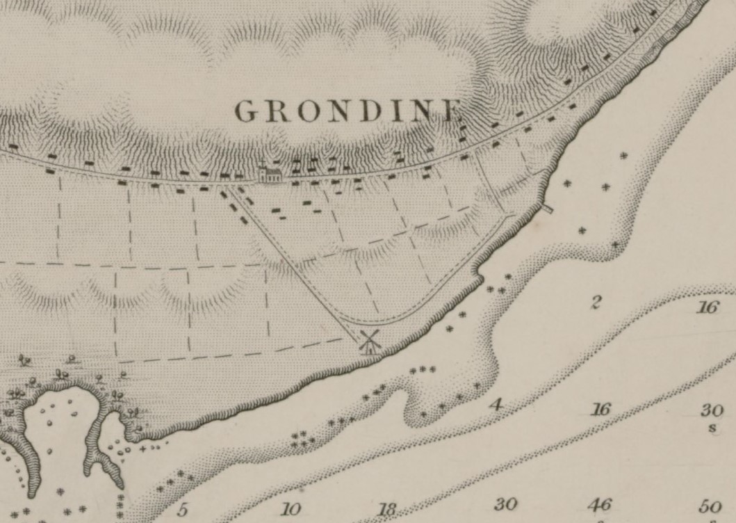 Carte sur laquelle il est inscrit « Grondines » montrant l'emplacement du moulin et du premier quai. 