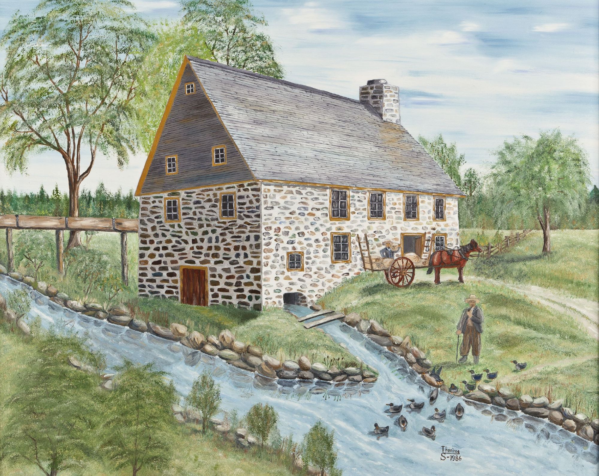 Peinture d'un bâtiment de pierre près d'une rivière.