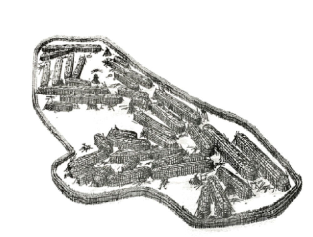 Un contour irrégulier représentant la clôture du village, avec une disposition irrégulière des maisons longues dispersées sur le site.