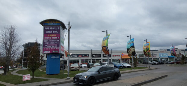 L'entrée du SkyCity Mall avec une voiture qui passe devant la tour d'affichage des commerces du centre. Derrière la tour se trouve un bâtiment de deux étages avec de nombreuses vitrines au milieu d'un stationnement très fréquenté.