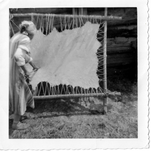 Indigenous woman preparing stretched hide