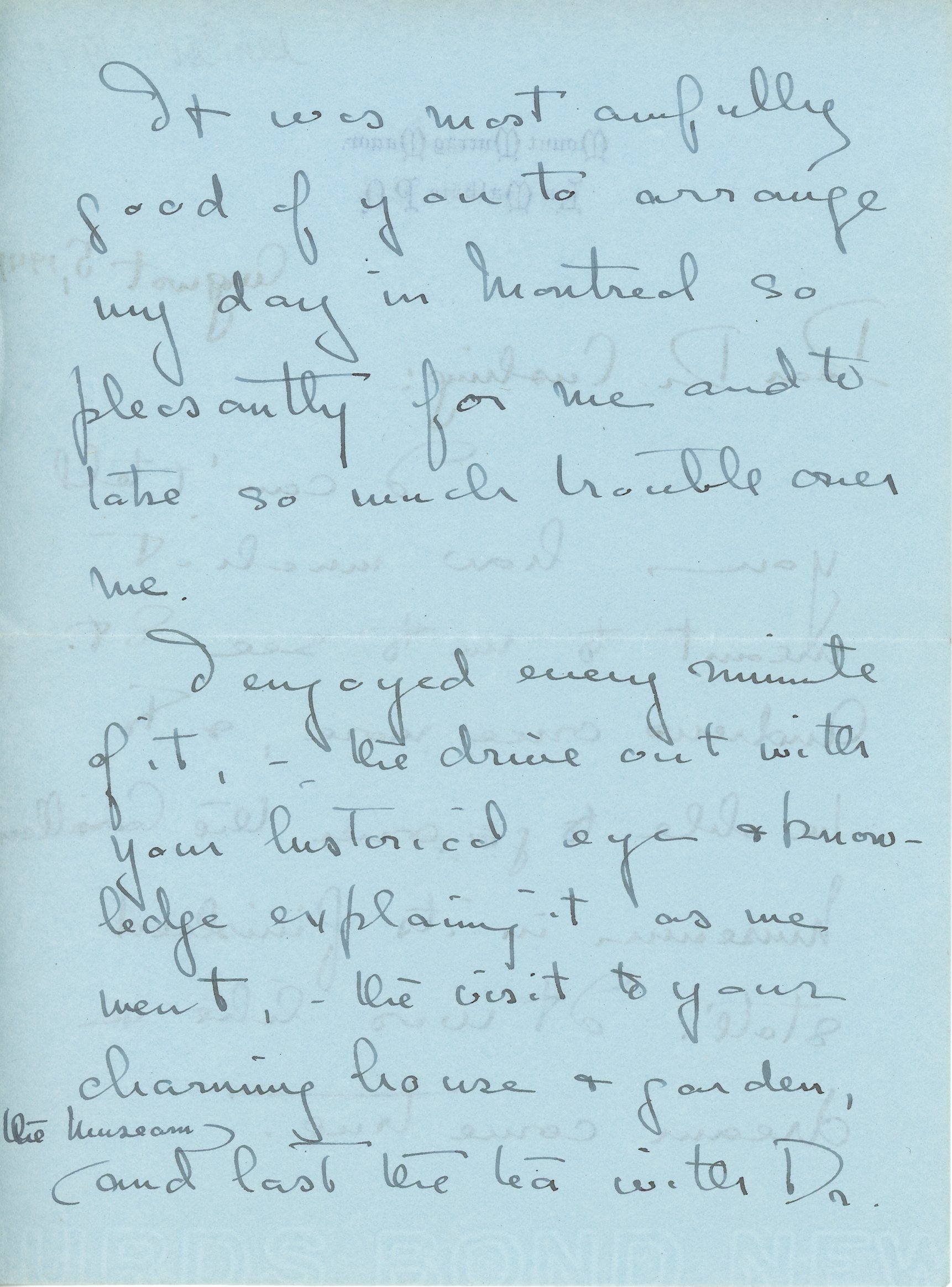 Lettre manuscrite de Mary Lee au docteur Cushing rédigée le 5 avril 1941, encre noire sur papier bleu. Elle remercie le docteur Cushing pour sa visite à Saint-André et au Musée et le félicite pour tout son travail au Musée, ayant particulièrement apprécié la Abbott Room de celui-ci.