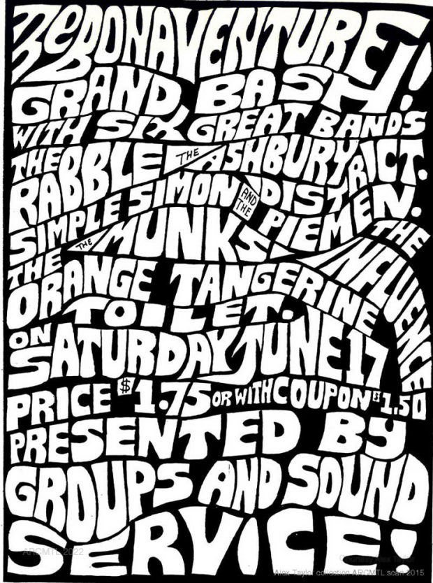 Affiche en noir et blanc avec des caractères gras, courbes, déformés et enchevêtrés qui remplissent tout l'espace. Le texte en haut de l'affiche indique The Bonaventure Grand Bash ! with six great bands.