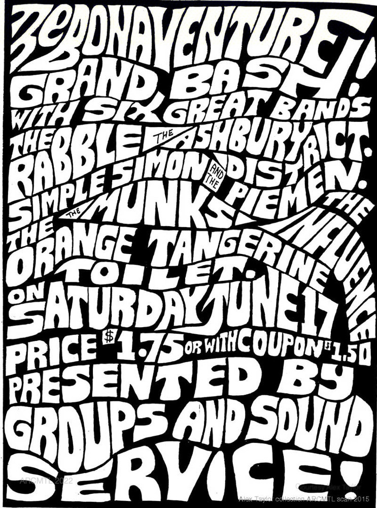 Affiche en noir et blanc avec des caractères gras, courbes, déformés et enchevêtrés qui remplissent tout l'espace. Le texte en haut de l'affiche indique "The Bonaventure Grand Bash ! with six great bands".