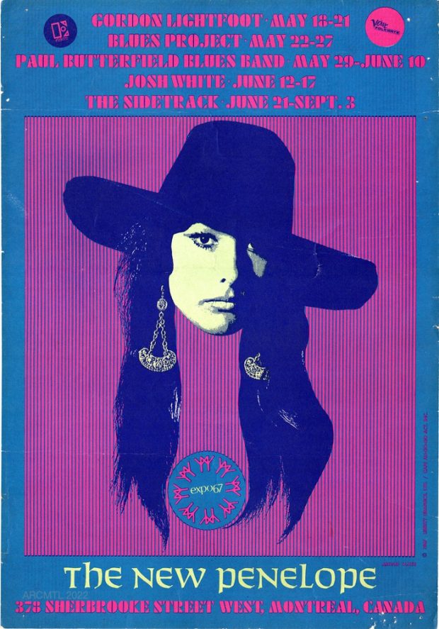 Affiche psychédélique annonçant des concerts au New Penelope. Fond bleu avec des lettres roses en haut, détaillant les spectacles et les dates. En dessous, un fond rayé bleu et rose avec, au centre, une femme aux cheveux longs, un chapeau de cow-boy et des boucles d'oreilles pendantes, ainsi que le logo de l'Expo 67. Le nom de la salle en blanc et l'adresse en rose en bas.