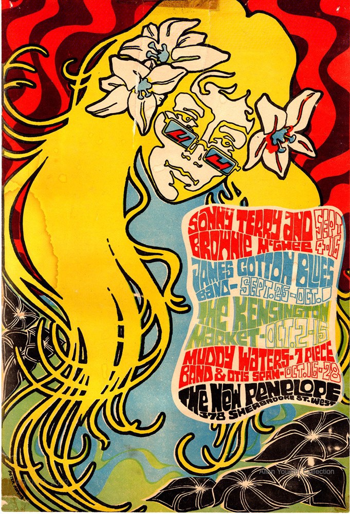 Affiche colorée annonçant des concerts au New Penelope dans un style très psychédélique, avec une image stylisée d'une jeune femme portant des fleurs dans ses très longs cheveux blonds et des lunettes de soleil sur un fond noir et rouge ondulé.