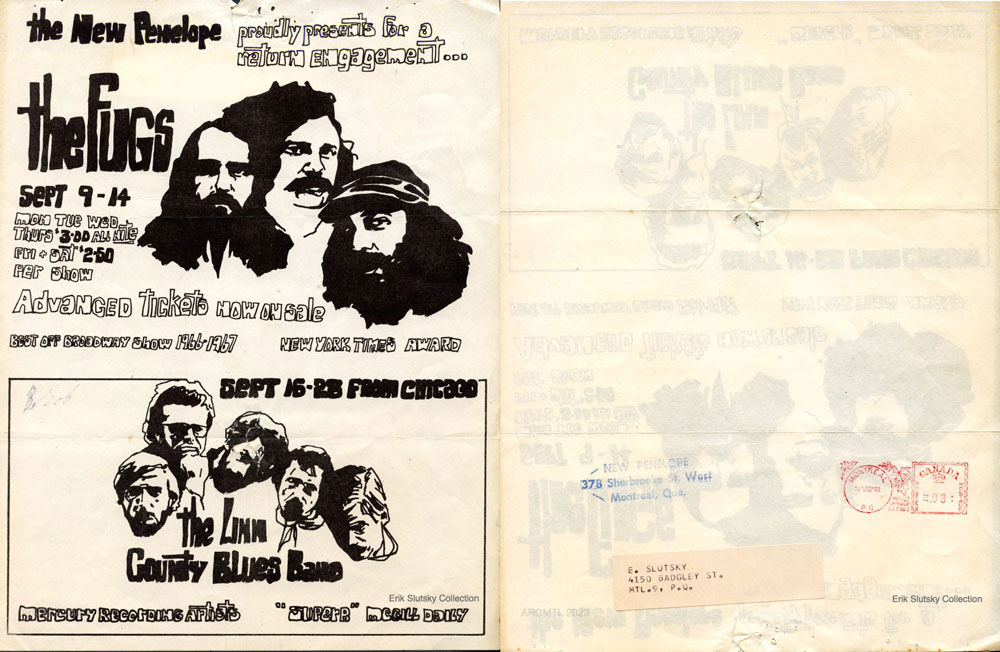 Une image qui montre les deux côtés d'une feuille recto-verso avec des publicités en noir et blanc pour des concerts des Fugs et du Linn County Blues Band au New Penelope d'un côté, et une feuille vierge avec une étiquette d'envoi, une adresse de retour et un marquage d'affranchissement à l'encre rouge de l'autre côté