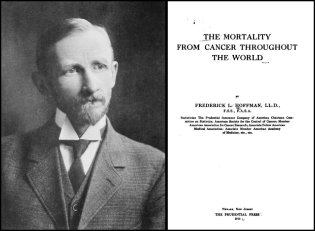 Montage constitué d’un portrait photographique en noir et blanc et de la page couveture d’un rapport statistique. L’homme est d’âge moyen, porte un costume et une petite barbe. Sur la page couverture, le titre du rapport est « The mortality of cancer throughout the world ». 