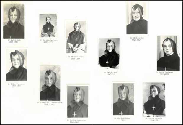 Montage de plusieurs portraits de femmes en habit de religieuses. On y indique leur nom et le temps qu’elles vont occuper le poste de directrice. En ordre on voit : Sr Saint-Roch, 1927-1932 ; Sr Martine Leclerc, 1932-1935 ; Sr Mélanie Nault, 1935-1937 ; Sr Irène Papineau, 1937-1939 ; Sr S.Jean de l’Eucharistie, 1939-1940 ; Sr Berthe Jeannotte, 1940-1942 ; Sr Aldérie Roy, 1942-1947 ; Sr Imelda Dion, 1947-1951 ; Sr Marie Carignan, 1951-1952 ; Sr Ste-Emilienne, 1952 ; Sr Jeanne Savaria, 1952-1956. 