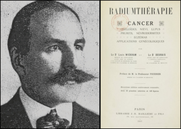 Montage de deux images. À gauche, photographie en noir et blanc représentant un homme légèrement de profil portant une moustache fournie. À droite, page couverture d’un livre de médecine.