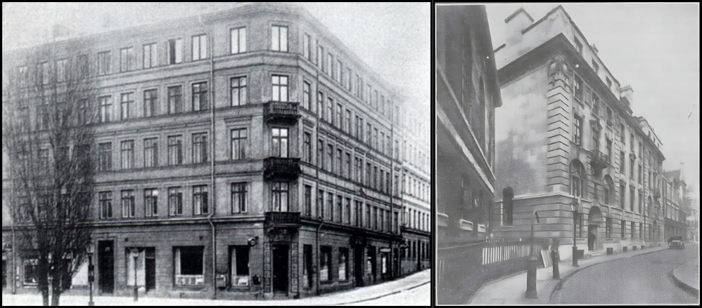 Montage de deux photographies en noir et blanc. À gauche, se trouve un bâtiment à logements de coin de rue à cinq étages. À droite, se trouve une grande demeure urbaine à quatre étages située sur une petite rue.