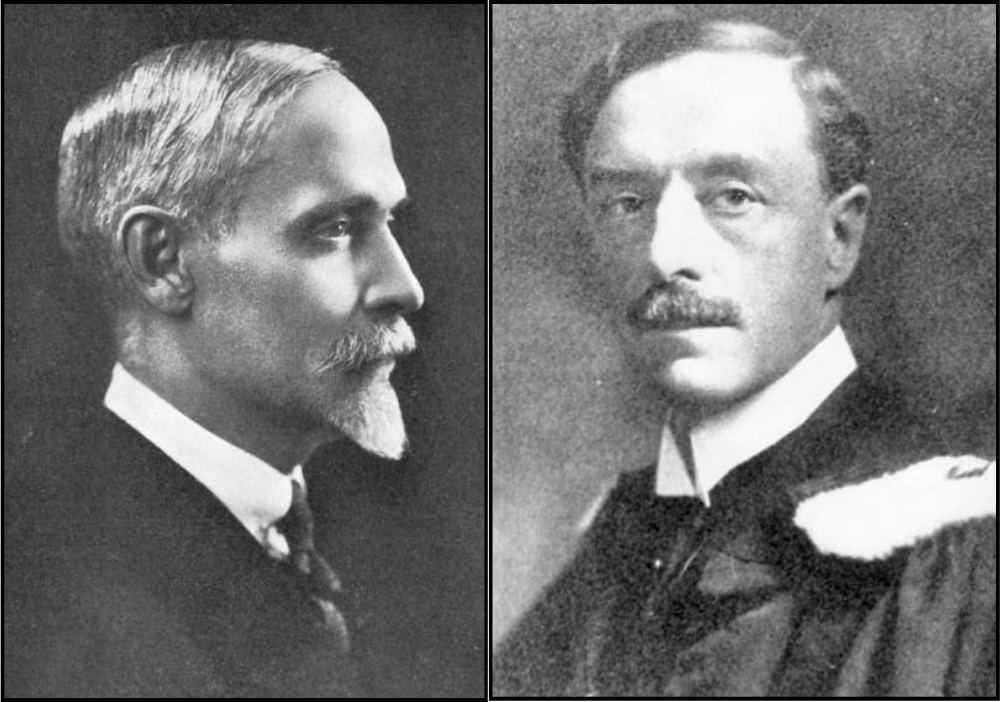 Montage de deux images. À gauche, portrait de profil en noir et blanc du visage d’un homme mûr qui porte la barbichette et une moustache. À droite, portrait de face en noir et blanc du buste d’un homme. Sur ces épaules, on reconnaît une toge universitaire. 