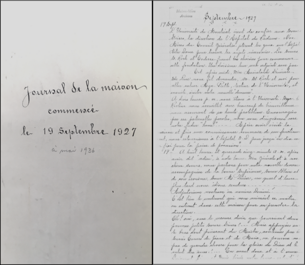 Montage de deux pages d’un cahier utilisé comme journal. À gauche, se trouve la page couverture sur laquelle une écriture manuscrite à l’encre indique «Journal de la maison commencé le 19 septembre 1927». À la mine en dessous il est ajouté «à mai 1936». À droite, se trouve la première entrée datée du 19 septembre 1927.