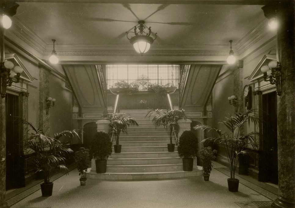 Photographie en noir et blanc d’un hall d’entrée menant vers un escalier. Le hall a des allures beaux-arts avec des piliers de marbre et des murs blancs. Huit plantes en pots sont installées pour former un chemin vers les escaliers. 