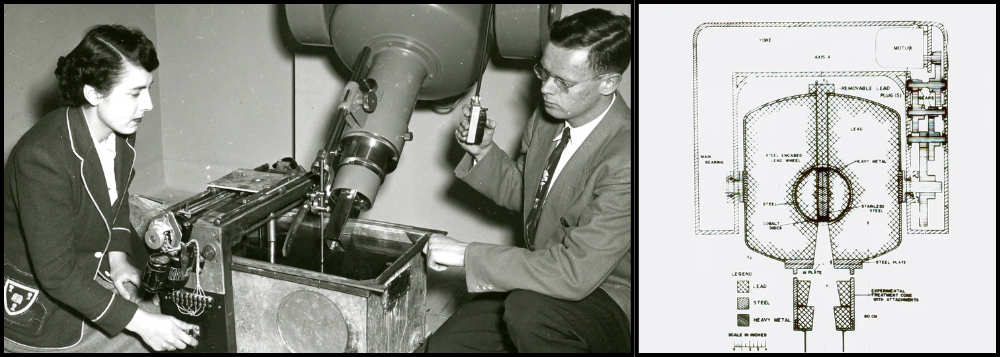 Montage de deux images. À gauche, une femme et un homme sont en train d’ajuster le placement d’une grande machine téléscopique suspendue. Les deux personnes semblent la pointer vers un bac en métal rempli d’eau. À droite, un dessin technique représenté en noir sur blanc. En anglais, les noms des pièces et des matériaux sont inscrits. La définition de l’image empêche de lire les noms des pièces, mais on peut lire la légende des matériaux : Lead; Steel; Heavy metal [Plomb; acier; métaux lourds]. 